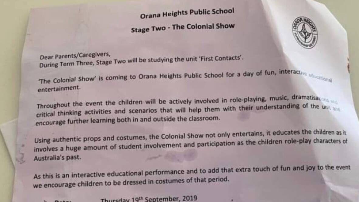 PERFORMANCE: The Colonial Show note sent home to Orana Heights Public School parents. Photo: JOE WILLIAMS/TWITTER