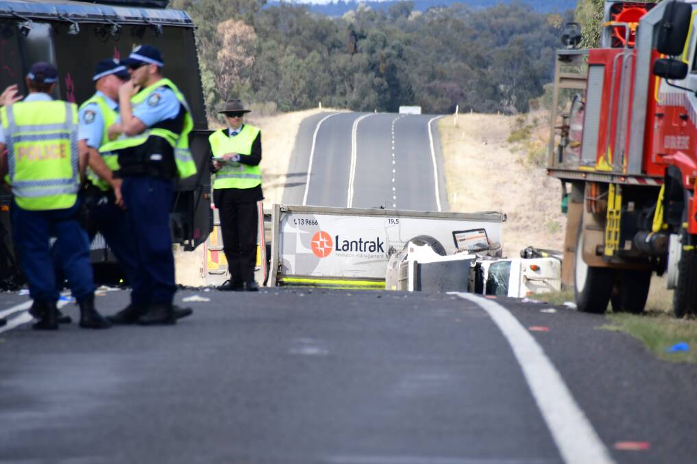 CRASH SCENE: One man is dead following a crash between a truck and a bus on the Newell Highway. Photo: BELINDA SOOLE