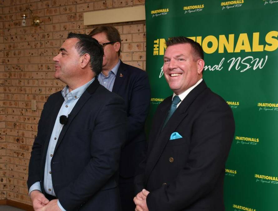 CANDIDATE ANNOUNCEMENT: Dugald Saunders, pictured when he was announced as the Nationals candidate for Dubbo with NSW Deputy Premier John Barilaro and former MP Dubbo Troy Grant. Photo: AMY McINTYRE
