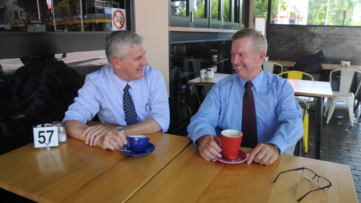 MAINTAINING SUPPORT: Deputy Prime Minister and Nationals leader Michael McCormack with Parkes MP Mark Coulton on a visit to Dubbo in 2017. Photo: JENNIFER HOAR