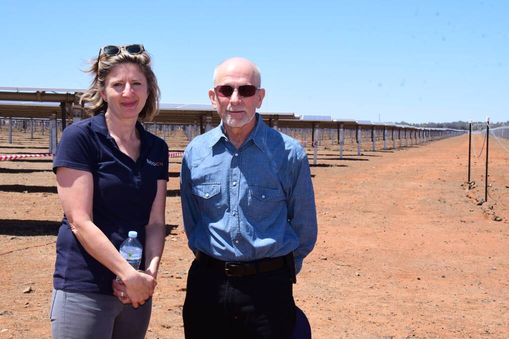 TALKING SOLAR: Neoen's senior community relations manager Lisa Stiebel and Dubbo resident Gary Black at the open day. Photo: AMY McINTYRE
