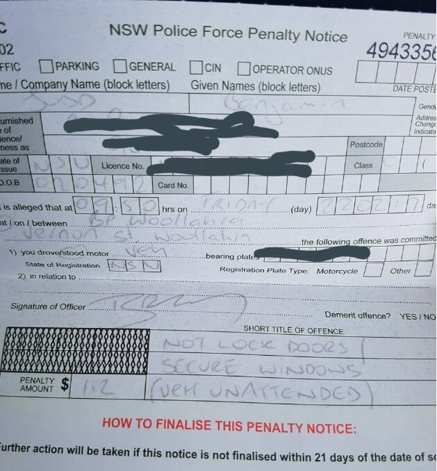 FINE EXAMPLE: A penalty notice police issued a person in Sydney for leaving their car door unlocked. Photo: BEN JUDD via Facebook