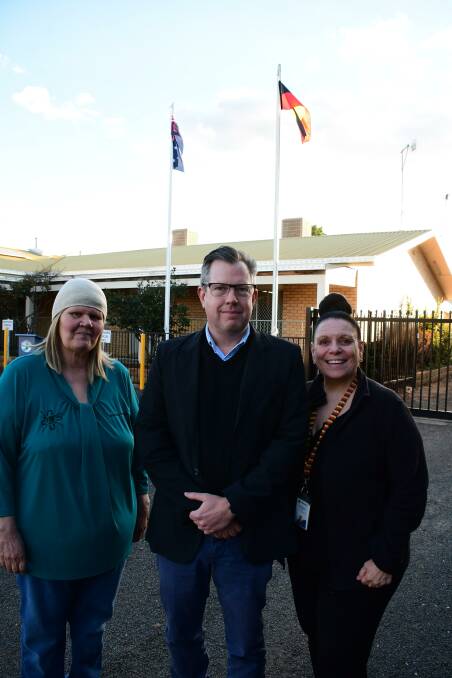FLAGS FLYING TOGETHER: Yvonne Hill, Westhaven CEO Andrew Everett and Kerryann Stanley at the flag raising ceremony last Thursday. Photo: BELINDA SOOLE