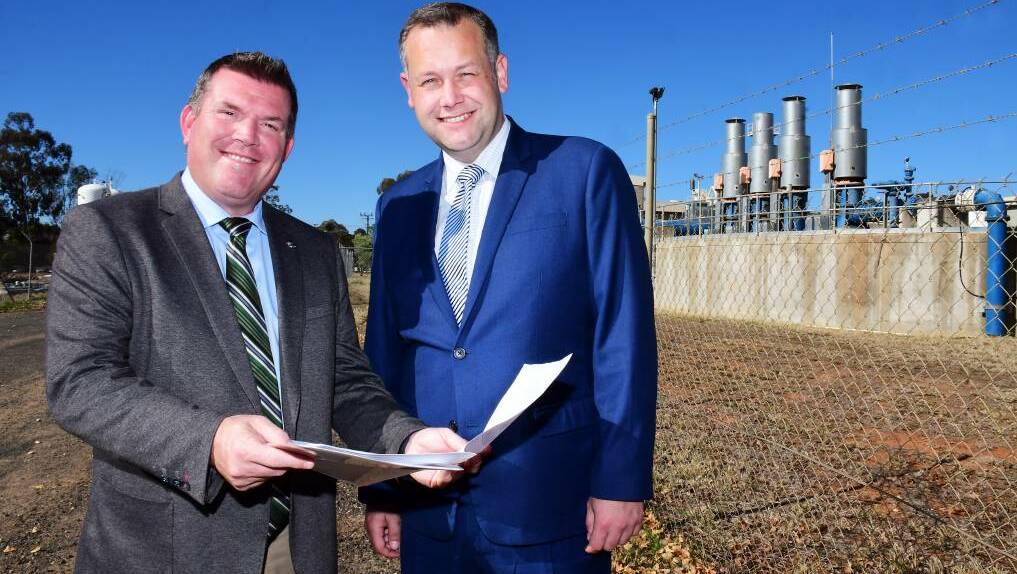 PRIORITY: Dubbo MP Dugald Saunders and Dubbo mayor Ben Shields discuss planning an expansion of the bore field to improve the city's water supply. Photo: BELINDA SOOLE