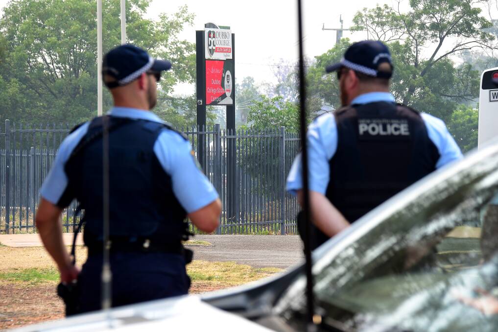 MONITORING SCHOOL: Police outside Dubbo College South Campus on Wednesday. Photo: BELINDA SOOLE