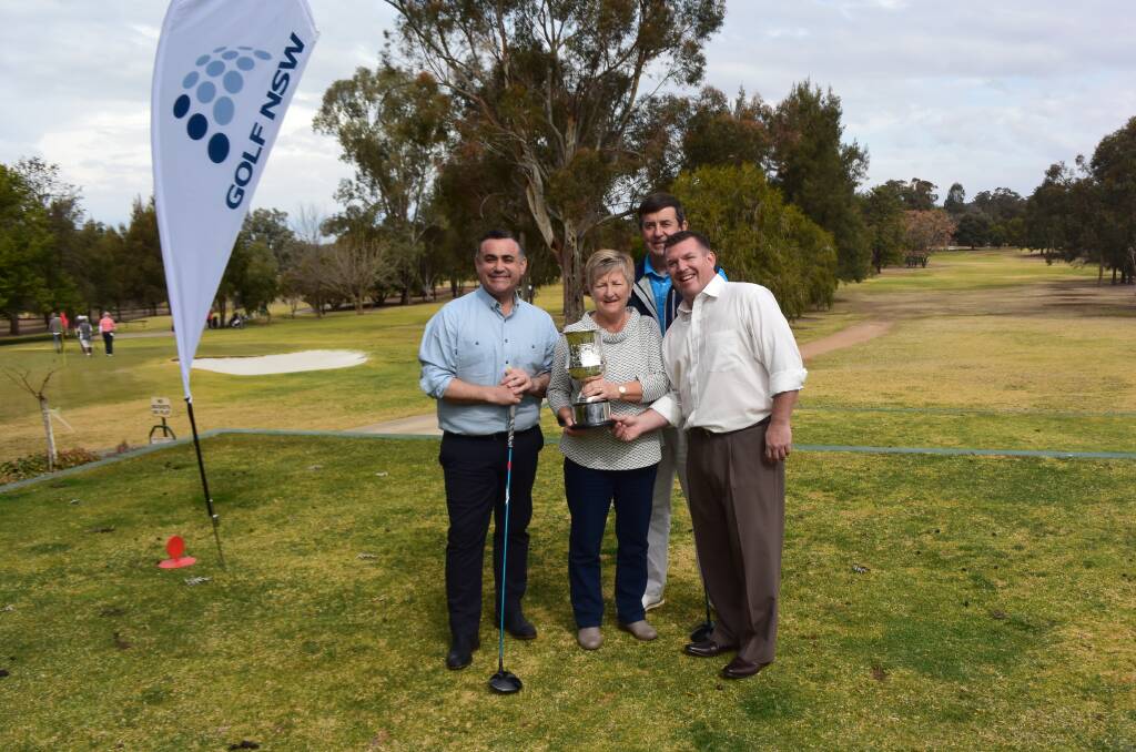 CHAMPIONS: Deputy Premier of New South Wales John Barilaro, Dubbo Golf Club director Kerrie Osborne, Dubbo Golf Club president Naill McNichol and Member for Dubbo Dugald Saunders celebrate the announcement at Dubbo Golf Club last year.