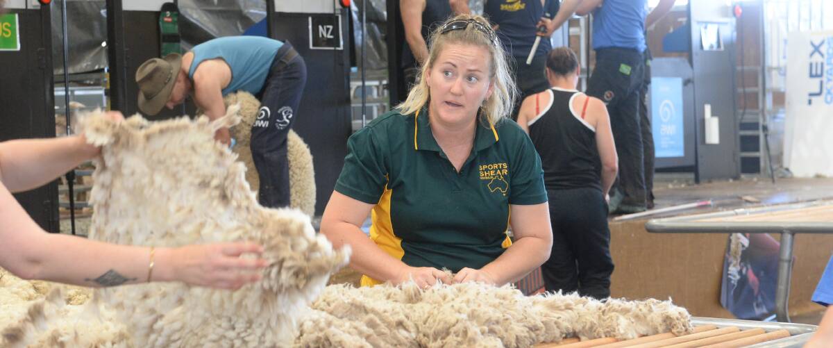 Seven-times national wool handling champion, Racheal Hutchinson of Biddon near Gilgandra, works against the clock while minimising penalty points.