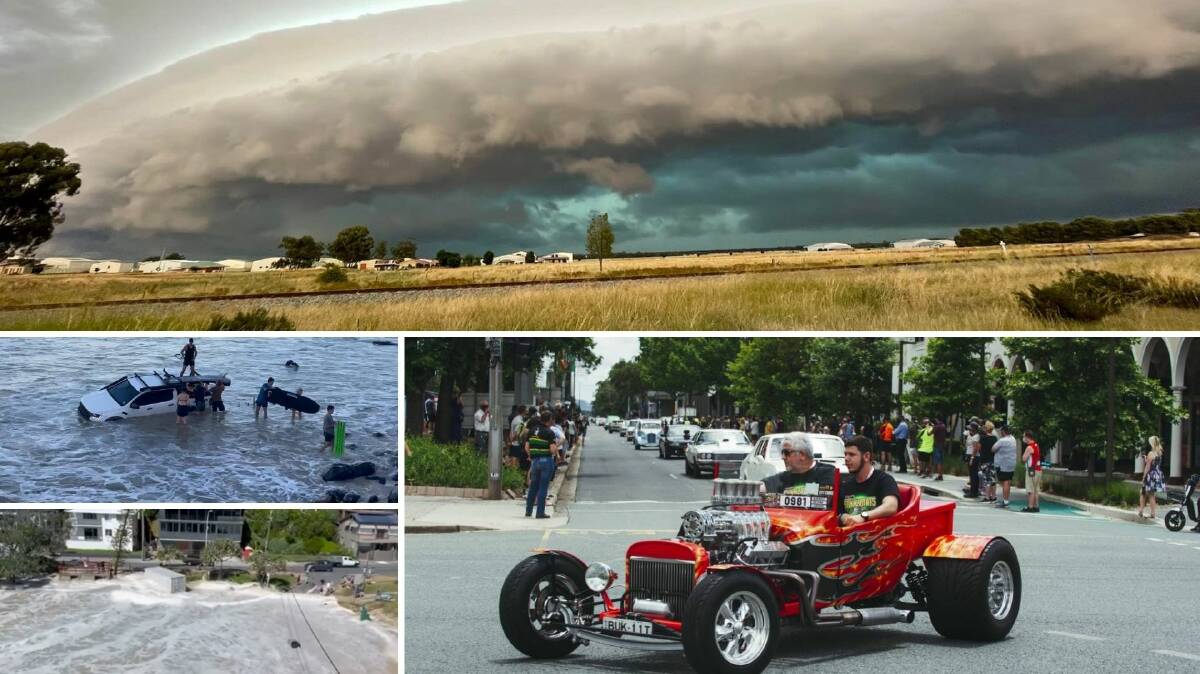 BEST OF THE WEEK: Storms roll in over the Riverina (top, picture: Glenn Sheehan). Beachgoers rescue semi-submerged ute (top left) while a shipping container dumps beer into the ocean in Queensland (bottom left) and the Summernats returns to Canberra (bottom right, picture: Dion Georgopolous).