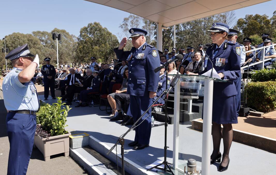 Deputy Commissioner Gary Worboys takes the salute at his final attestation parade and march out on Friday. Photo: NSW Police Media.