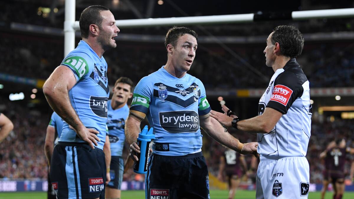 COME ON, REF: James Maloney tries to plead his case before being sin-binned during the first half. Photo: AAP