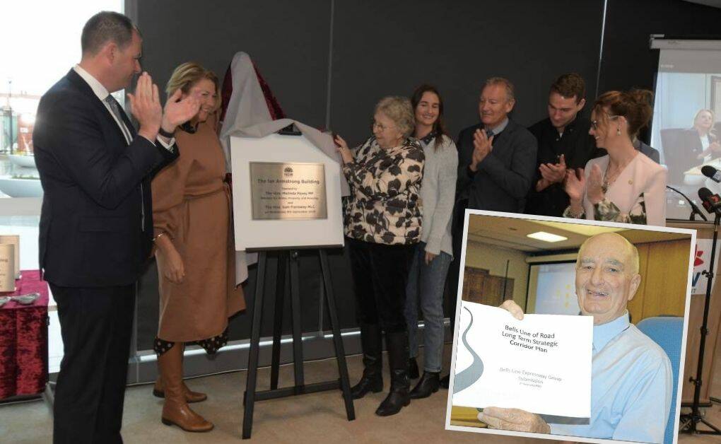 UNVEILING THE PLAQUE: Sam Farraway, Melinda Pavey, Jenny, Bronte, Angus and Jock Armstrong and Steph Cooke and (insert) Ian Armstrong. 