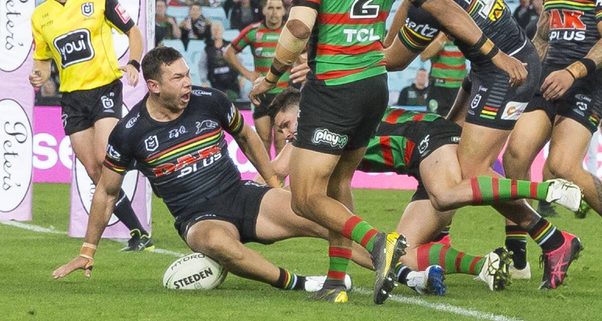 TRY TIME: Naden scores for Penrith in their win over Souths. Photo: AAP