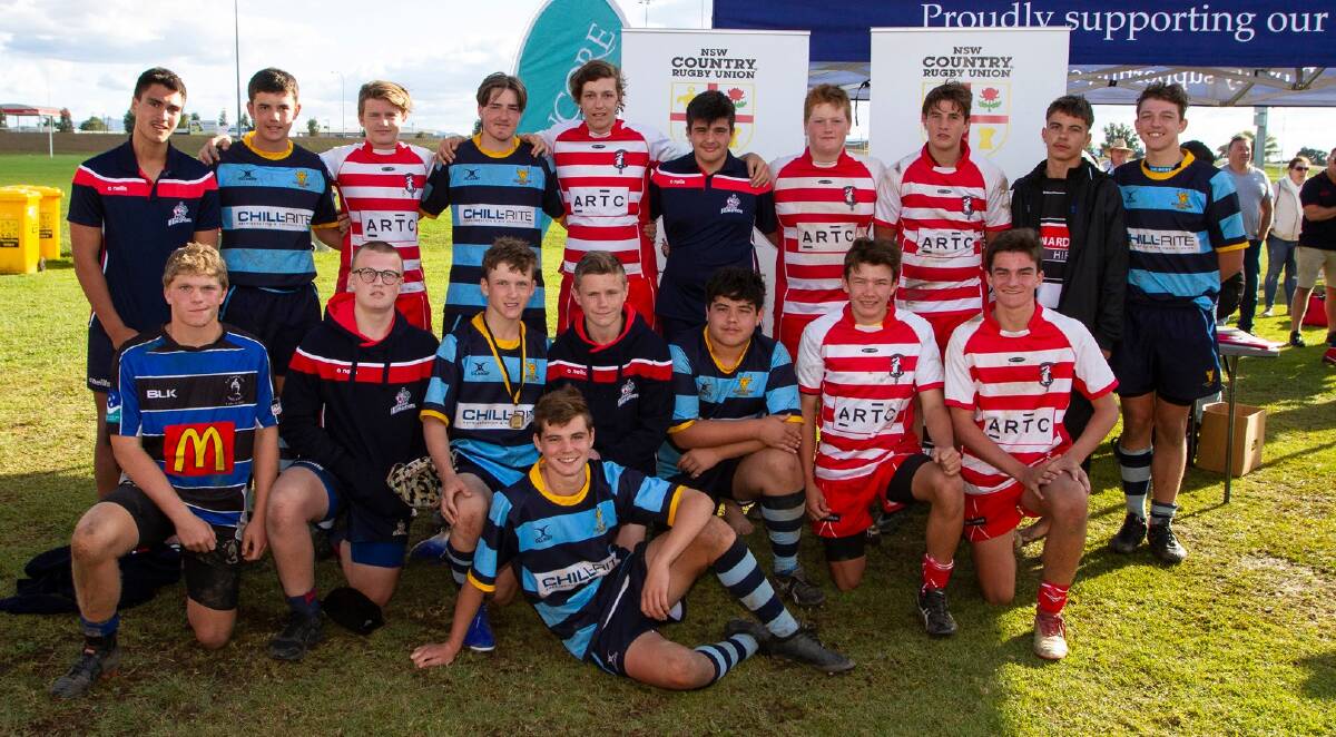 REPS: Patty O'Hara, Noah Brien, Liam Byrnes, Will Cuthill, Drew Hope and Henry Miller with their NSW Country under 14s teammates. Photo: NSW Country Rugby Union.