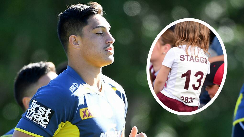 ON THE RUN: Kotoni Staggs at training with the Brisbane Broncos this week and, insert, a young Staggs fan on grand final day in 2016. Photo: AAP