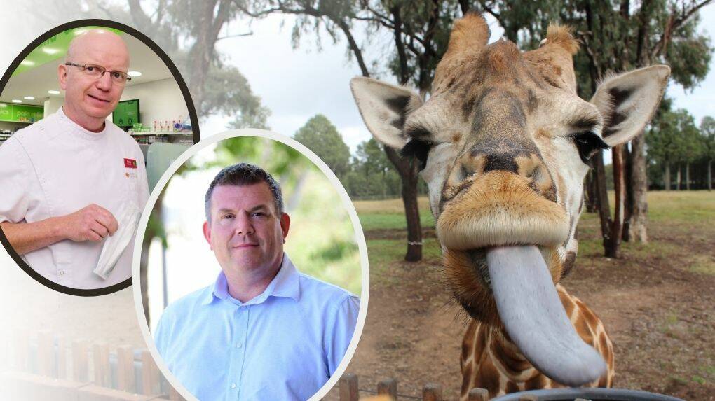 Taronga Western Plains Zoo. Inset (left): Dubbo pharmacist Greg Shearing. Inset (right) Dubbo MP Dugald Saunders. 