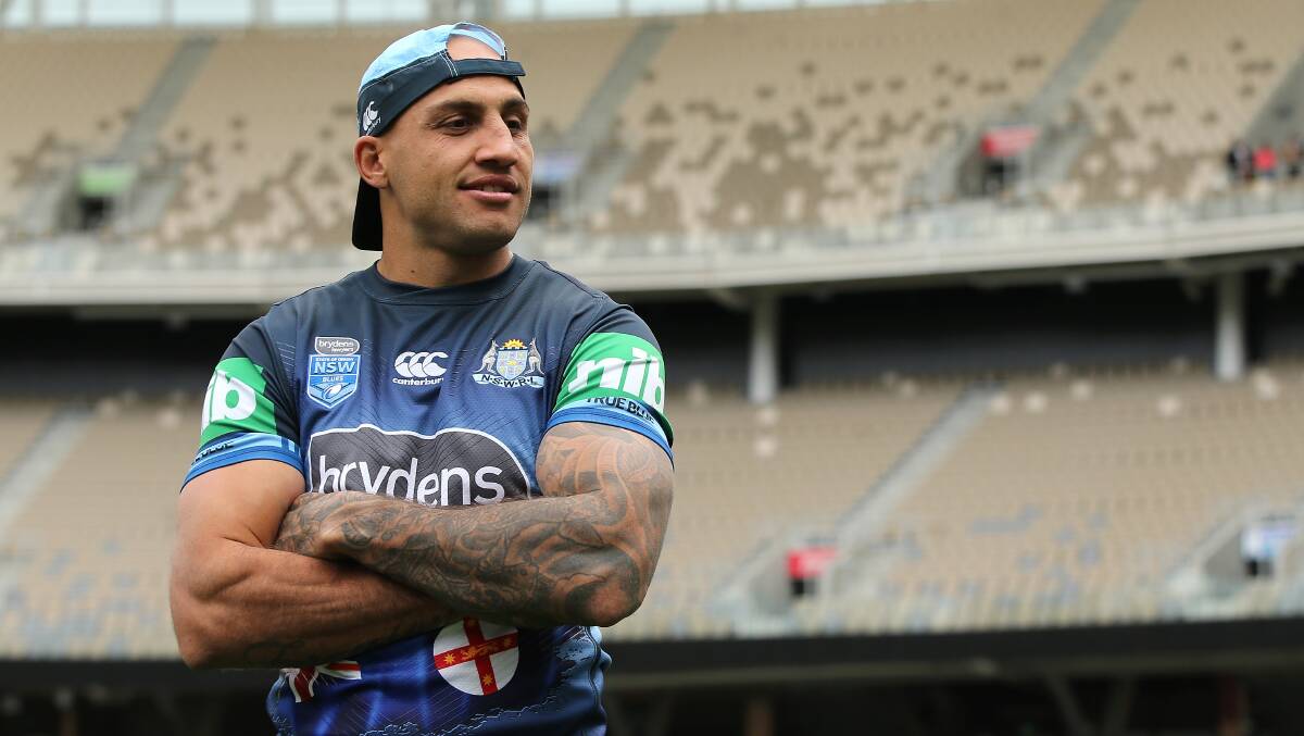 Blake Ferguson in NSW colours. The premiership winner will trade blue for maroon in 2023, linking with his junior club Wellington. 