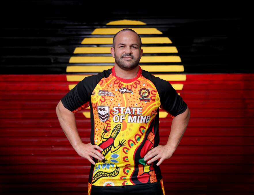 NEW LOOK: Former Bathurst Panther and Oberon Tigers backrower Trent Rose with the new First Nation Goannas jersey to be worn on Saturday night. Photo: NRL PHOTOS