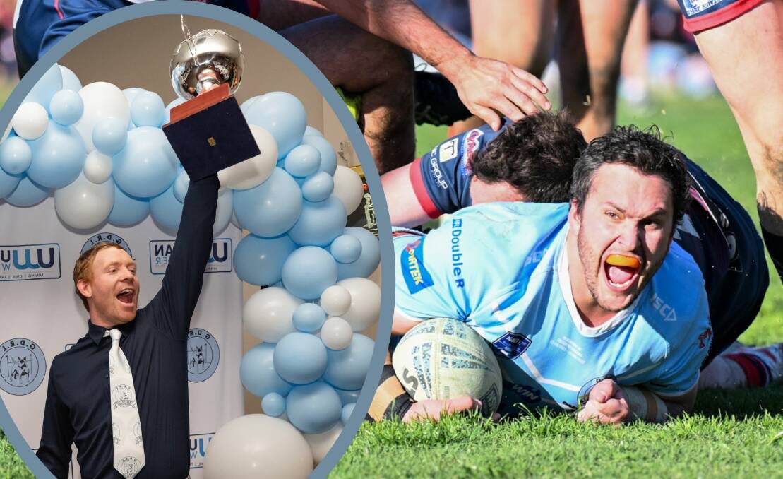 Blake Gorrie scoring the match-winning try in his 100th first grade game for the Gulgong Bull Terriers and (inset) Brad James with the Clayton Cup. Photo: Col Boyd/Supplied