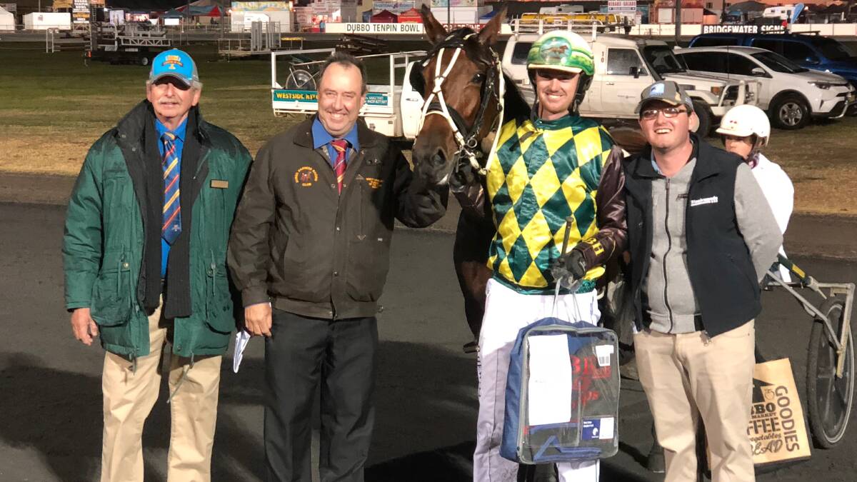 VICTORY: Dubbo Harness Racing president Len Edwards and Red Ochre organiser Brett Wrigley with Brad Hewitt and Jedd Naum after the win.