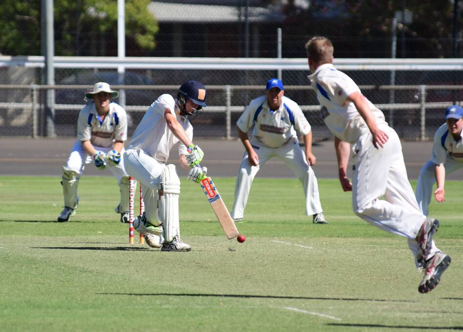 Henry Railz digs out a yorker from the bowling of Angus Cusack on Saturday. The two gun all-rounders starred on day one of the Whitney Cup semi-final at No.1 Oval. Photo: BELINDA SOOLE