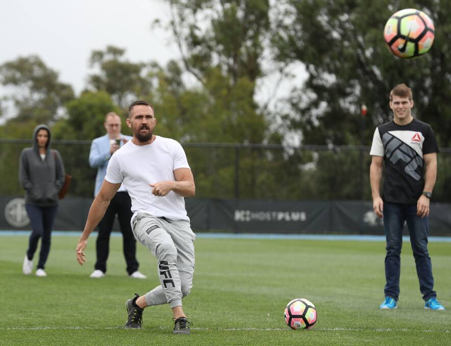 Kyle Noke shows off his soccer skills at a session with Melbourne City on Wednesday. Photo: GETTY IMAGES