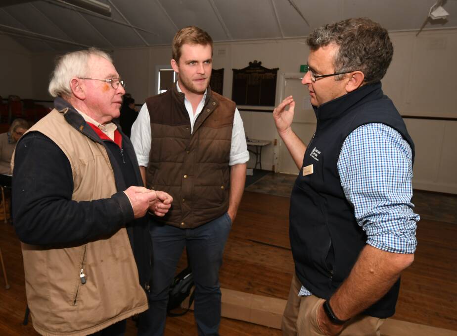 DROUGHT HELP: Badger Babbage, James Cleaver, speak with senior land services officer for pastures Phil Cranney at the information session in Orange. Photo: JUDE KEOGH