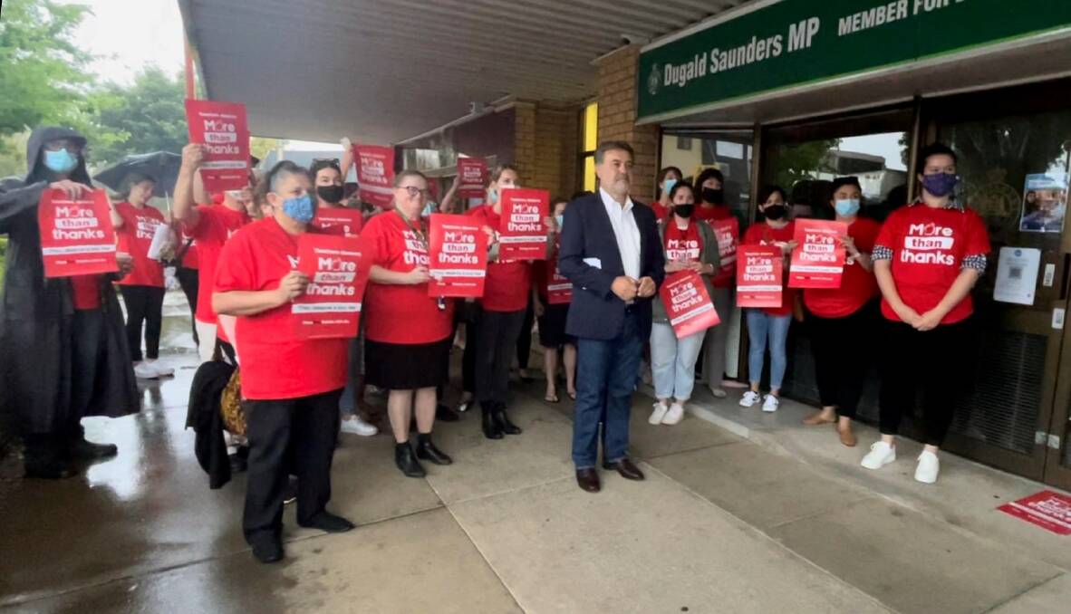ACTION NOW: Angelo Gavrielatos with teacher's from schools across Dubbo outside MP Dugald Saunders office. Picture: TAYLOR DODGE. 
