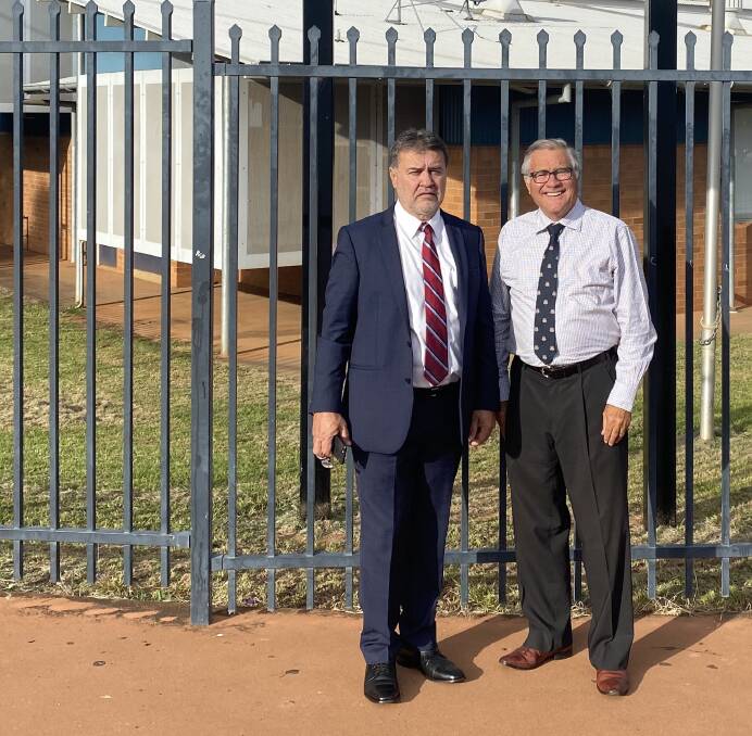 REPORTING: Dr Geoff Gallop and Angelo Gavrielatos at Dubbo College South Campus. Photo: CONTRIBUTED. 