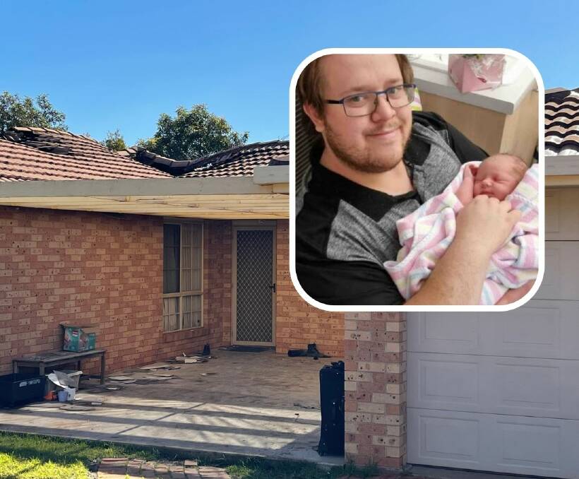 FAMILY'S CRISIS: The Jack William Drive property destroyed in house fire. Photo: TAYLOR DODGE Insert: DJ Smith with his newborn daughter. Photo: SUPPLIED