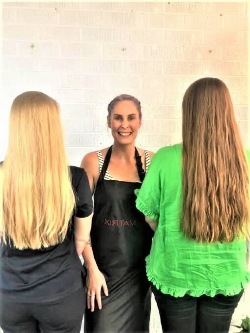 GETTING THE CHOP: 2019 Showgirl Rose Broughton with hairdresser Lyndall Cohen and 2019 Showgirl Tyla Comerford. Photo: CONTRIBUTED
