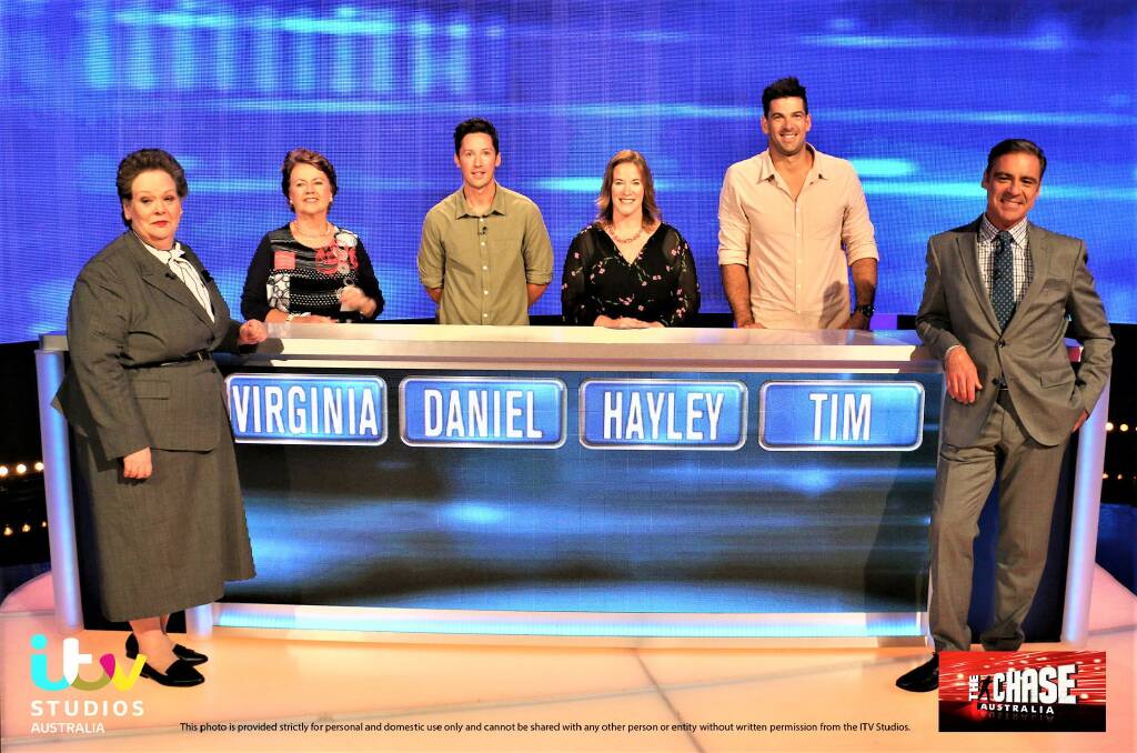 TRIVIA TIME: Chaser Anne Hegerty with Virginia Carter, contestants Daniel, Hayley and Tim and show host Andrew O'Keefe. Photo: CONTRIBUTED. 