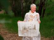 Temora artist Joanne Woods with her Wagga themed tea towel. Photo: Madeline Begley