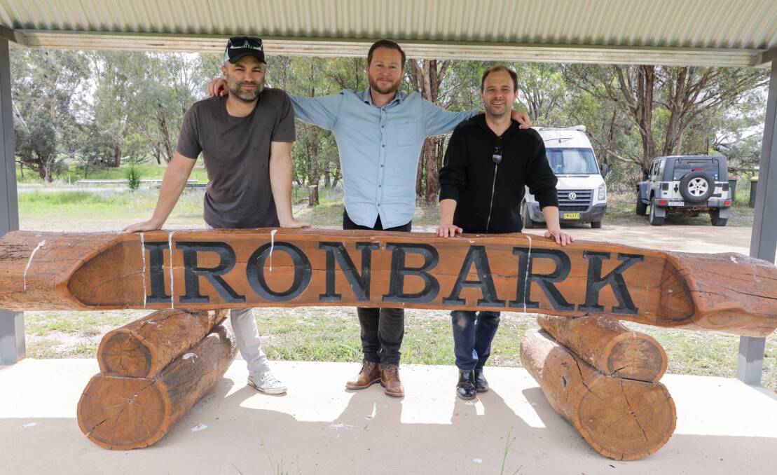 SPECIAL FEATURE: The Local producer Tim Allan with crew members at the Ironbark Inn Hotel in Stuart Town. Photo: CONTRIBUTED. 