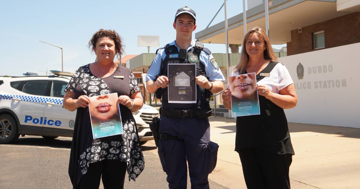 SPEAK OUT: Western Region Coordinators Rebecca Camilleri and Kerry Seaton with Constable Lachlan Harnett. Photo: NSW Police Force.