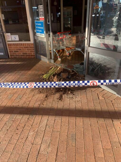 The entrance of Narromine Coles was also smashed overnight. Photo: CONTRIBUTED/ SARAH ATCHISON