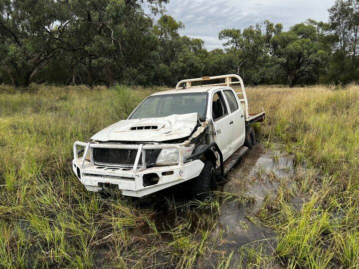 STUCK: Police were later notified of a Hilux bogged in swamp land on the Tottenham Road. Photo: TRAFFIC HIGHWAY PATROL COMMAND
