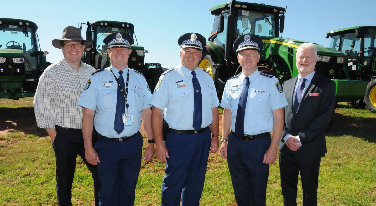 COMBATING RURAL CRIME: Police Minister Troy Grant, Assistant Commissioner Geoff McKechnie, Deputy Commissioner Gary Worboys, Commissioner Mick Fuller and Detective Inspector Cameron Whiteside in 2017. Photo: PAIGE WILLIAMS