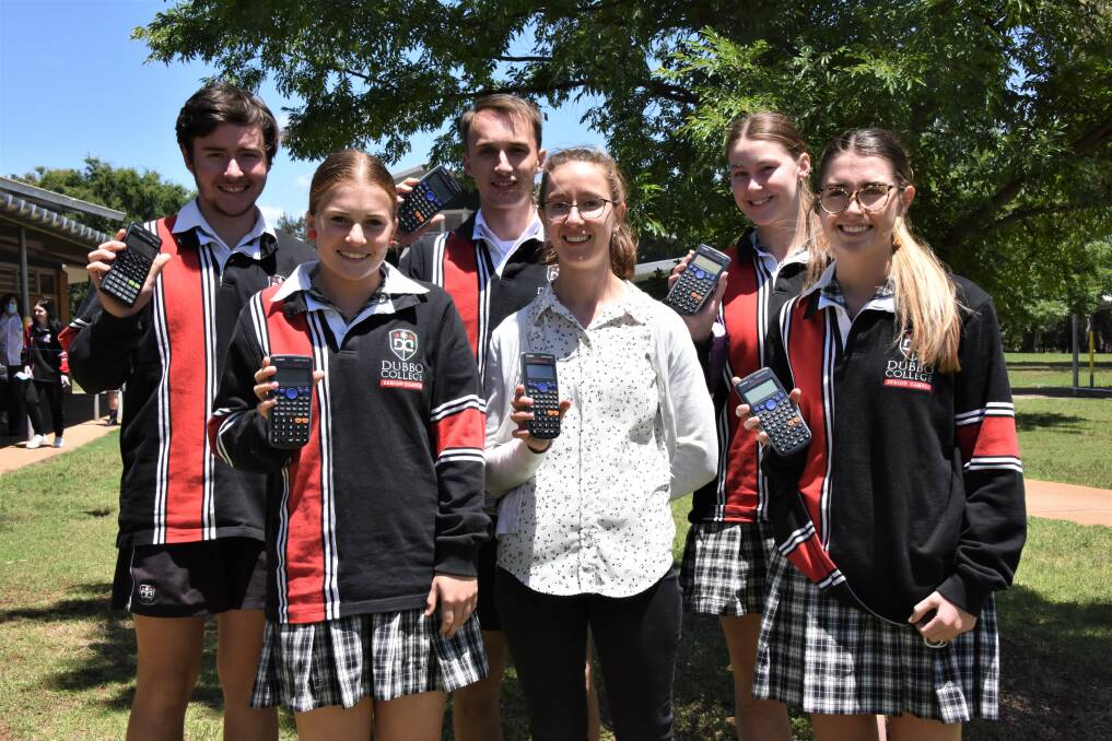 FINISHED: Dubbo College Senior Campus Year 12 standard maths students Ryan Maxwell, Tom Coady, Eva Laird (back), with Ellie Purtell, teacher Jessica Neill and Ebony Furner (front). Photo: CONTRIBUTED