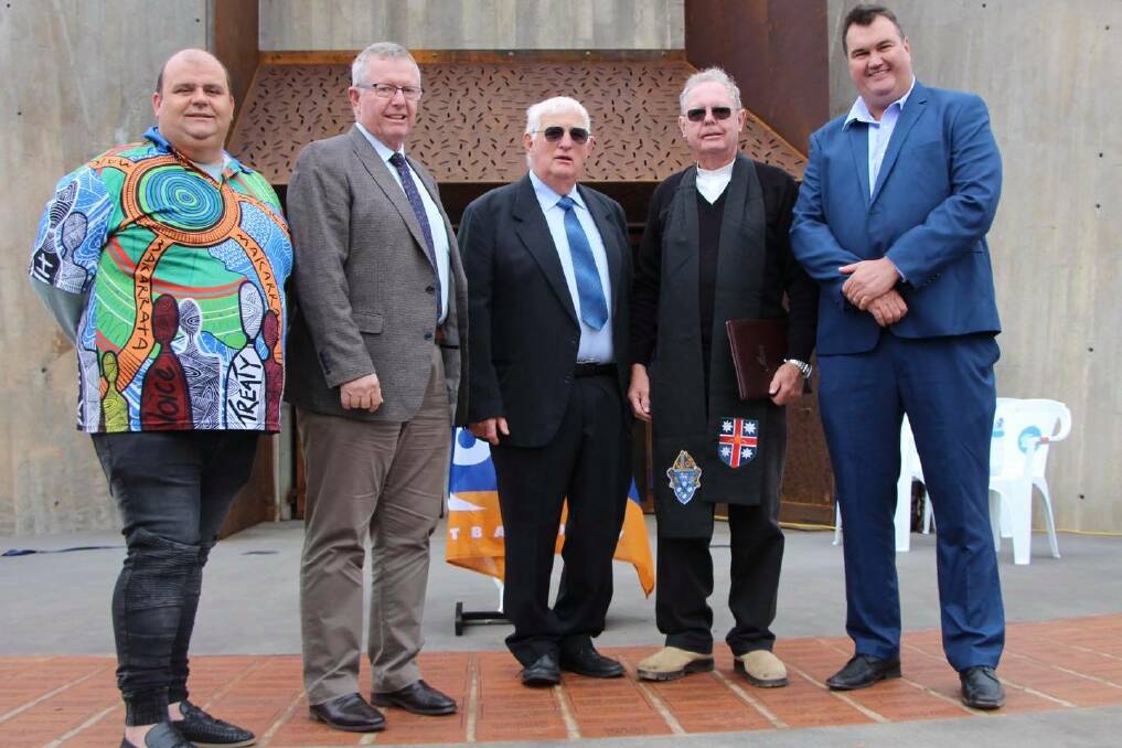 Federal Member for Parkes Mark Coulton (second from left) pictured with Cobar community members Colby Lawrence, Barry Knight, Reverend Graham McLeod and Cobar Deputy Mayor Jarrod Marsden at the opening of the Cobar Miners Memorial. Photo: CONTRIBUTED