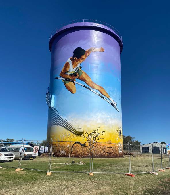 he Bourke water tower was transformed into a mural to honour Indigenous athlete Percy Hobson in May 2021. Photo: contributed