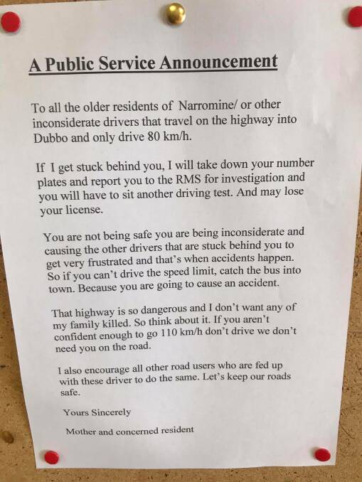 The notice spotted on the Narromine Coles community notice board. Photo: CONTRIBUTED