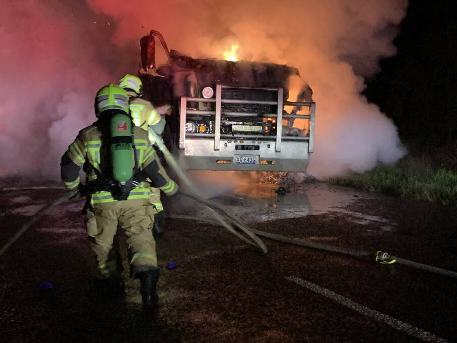 Emergency services were called to the McGrane Way about 7pm after a prime mover caught fire. Picture: CONTRIBUTED