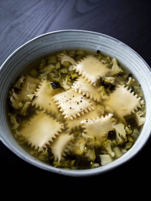 Pistachio and ricotta sfoglia lorda in broccoli soup. Picture supplied