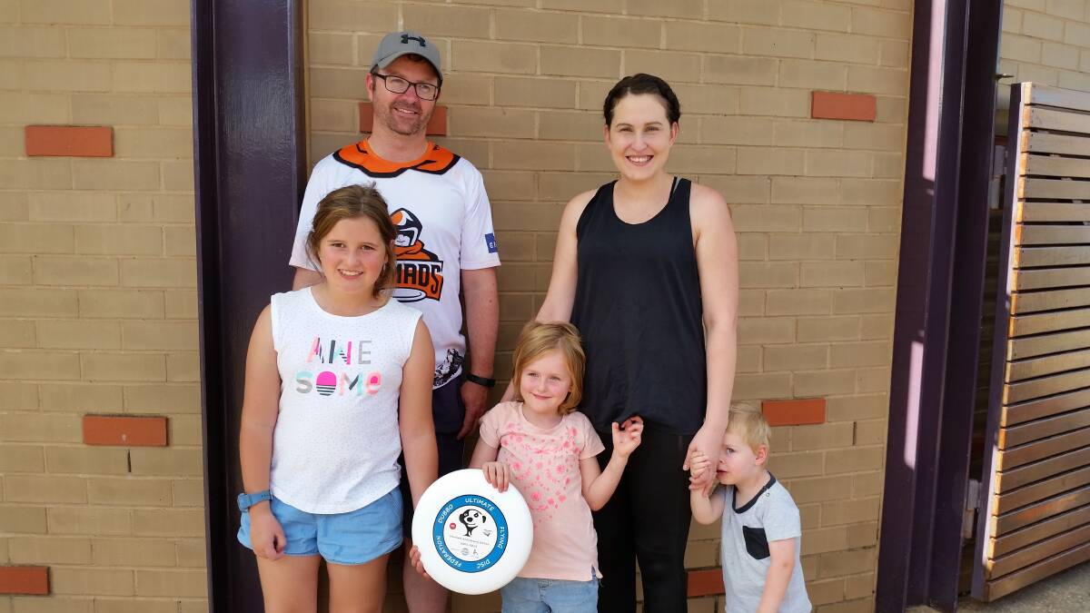 DAY OUT: Dubbo Ultimate Frisbee Federation president Tim Hosking, event organiser Zoey Hummell, Ali Green, and Ellie and Ethan Hummell. Photo: JENNIFER HOAR