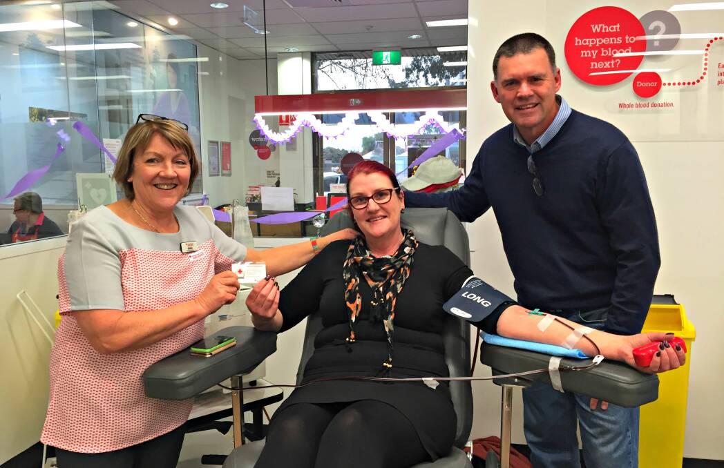 Give blood: Dubbo Blood Donor Centre's Debbie Garden, donor Julianne Townsend and blood recipient Marty Paice.