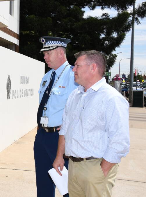 Nationals candidate for Dubbo Dugald Saunders (front) with Orana Mid-Western Police District commander Superintendent Peter McKenna Photo: BELINDA SOOLE.