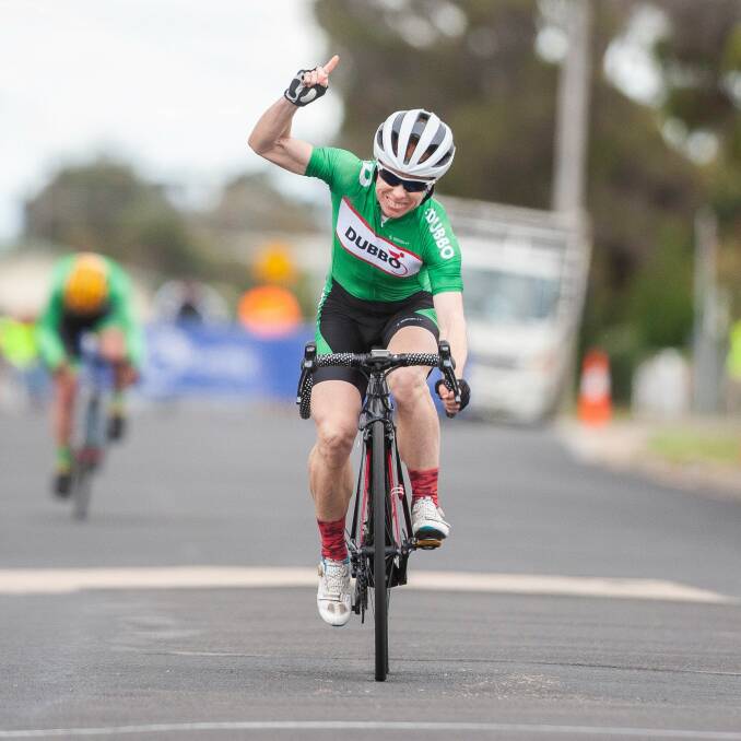 Champion: Simone Grounds crosses the finish line first in the criterium. Grounds also won the road race and individual time trial at the Australian Masters National Road Championship. Photo: Image Writer Photography.