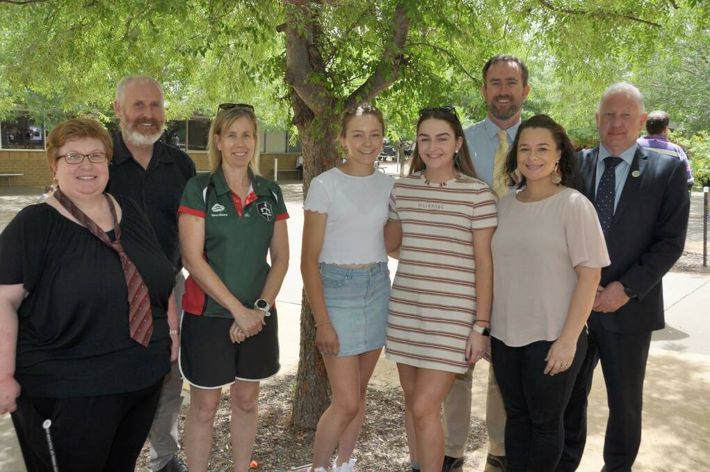 High Achievers: Alex Lindsay and Lauren Cook with their teachers Kerrie Walters, Mark Skinner, Bec May, James Eddy, Lucy Burns and principal Andrew Jones.