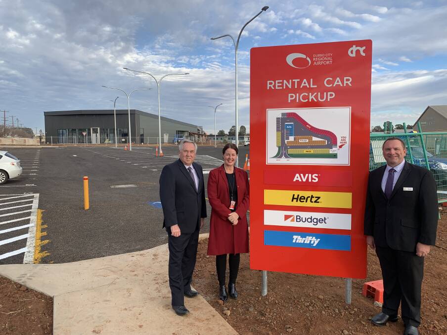 PARKING: Dubbo Region Council CEO Michael McMahon, Manager Airport Operations Jacki Parish and Councillor Greg Mohr at the new hire car park, which will open next month.
