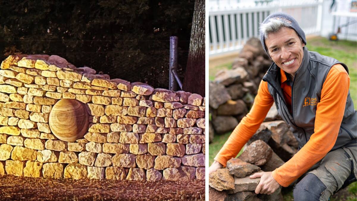 Dry stone waller Emma Knowles (right) demonstrates dry stone walling techniques at the Heritage Trades Fair in Sydney on September 8, 2023, and (left) one of her dry stone wall creations. Picture by Kylie Christian (right) and supplied